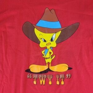 Vintage 90s Tweety Bird T Shirt Cowboy Warner Bros Cartoon Red L Single Stitch
